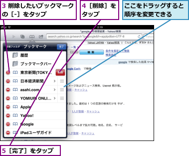 3 削除したいブックマークの［-］をタップ    ,4［削除］をタップ  ,5［完了］をタップ,ここをドラッグすると順序を変更できる  