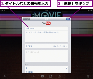 2 タイトルなどの情報を入力,3［送信］をタップ