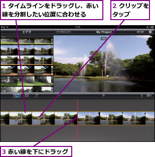 1 タイムラインをドラッグし、赤い線を分割したい位置に合わせる  ,2 クリップをタップ    ,3 赤い線を下にドラッグ