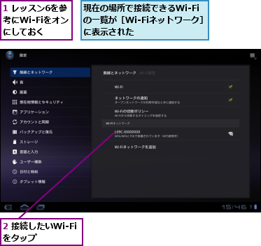 1 レッスン6を参考にWi-Fiをオンにしておく　　,2 接続したいWi-Fiをタップ　　　,現在の場所で接続できるWi-Fiの一覧が［Wi-Fiネットワーク］に表示された