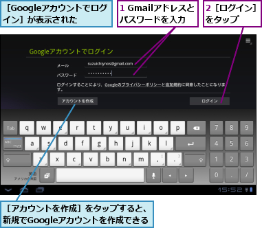 1 Gmailアドレスとパスワードを入力,2［ログイン］をタップ　　　,［Googleアカウントでログイン］が表示された,［アカウントを作成］をタップすると、新規でGoogleアカウントを作成できる