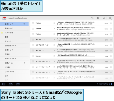 Gmailの［受信トレイ］が表示された　　　,Sony Tablet SシリーズでGmailなどのGoogleのサービスを使えるようになった