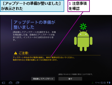 1 注意事項を確認　　,［アップデートの準備が整いました］が表示された　　　　　　　　　　　