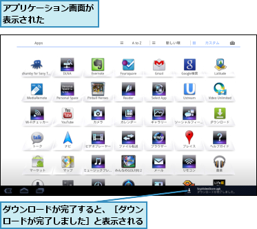 アプリケーション画面が表示された　　　　　,ダウンロードが完了すると、［ダウンロードが完了しました］と表示される
