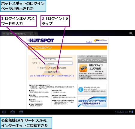 1 ログインIDとパスワードを入力  ,2［ログイン］をタップ    ,ホットスポットのログインページが表示された  ,公衆無線LAN サービスから、インターネットに接続できた