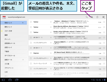 ここをタップ,メールの差出人や件名、本文、受信日時が表示される　　　,［Gmail］が起動した