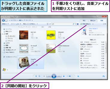 1 手順2をくり返し、音楽ファイルを同期リストに追加      ,2［同期の開始］をクリック,ドラッグした音楽ファイルが同期リストに表示された