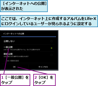 1［一般公開］をタップ    ,2［OK］をタップ,ここでは、インターネット上に作成するアルバムをLife-X にログインしているユーザーが見られるように設定する,［インターネットへの公開］が表示された      