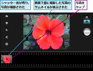 シャッター音が鳴り、写真が撮影された  ,写真をタップ,画面下部に撮影した写真のサムネイルが表示された