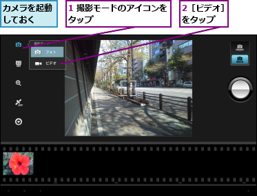 1 撮影モードのアイコンをタップ         ,2［ビデオ］をタップ  ,カメラを起動しておく  
