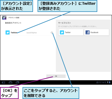 ここをタップすると、アカウントを削除できる        ,［OK］をタップ,［アカウント設定］が表示された  ,［登録済みアカウント］にTwitterが登録された