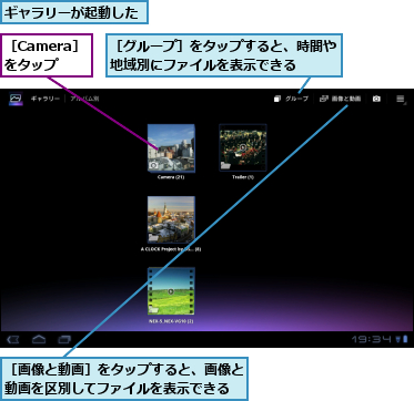 ギャラリーが起動した,［Camera］をタップ,［グループ］をタップすると、時間や地域別にファイルを表示できる  ,［画像と動画］をタップすると、画像と動画を区別してファイルを表示できる