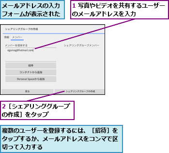 1 写真やビデオを共有するユーザーのメールアドレスを入力      ,2［シェアリンググループの作成］をタップ    ,メールアドレスの入力フォームが表示された,複数のユーザーを登録するには、［招待］をタップするか、メールアドレスをコンマで区切って入力する