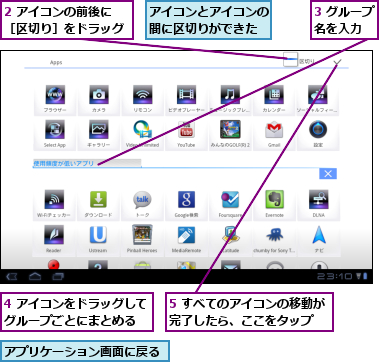 2 アイコンの前後に［区切り］をドラッグ,3 グループ名を入力  ,4 アイコンをドラッグしてグループごとにまとめる  ,5 すべてのアイコンの移動が完了したら、ここをタップ  ,アイコンとアイコンの間に区切りができた,アプリケーション画面に戻る