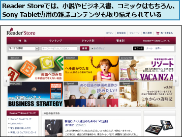 Reader Storeでは、小説やビジネス書、コミックはもちろん、Sony Tablet専用の雑誌コンテンツも取り揃えられている