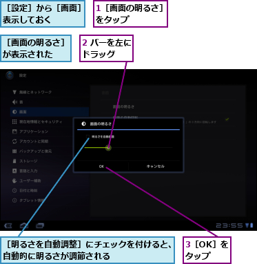 1［画面の明るさ］をタップ    ,2 バーを左にドラッグ  ,3［OK］をタップ,［明るさを自動調整］にチェックを付けると、自動的に明るさが調節される        ,［画面の明るさ］が表示された  ,［設定］から［画面］を表示しておく    