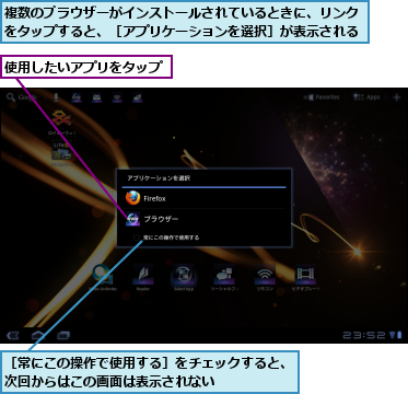 使用したいアプリをタップ,複数のブラウザーがインストールされているときに、リンクをタップすると、［アプリケーションを選択］が表示される,［常にこの操作で使用する］をチェックすると、次回からはこの画面は表示されない      