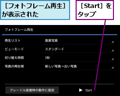 ［Start］をタップ,［フォトフレーム再生］が表示された    