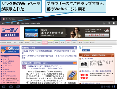 ブラウザーのここをタップすると、前のWebページに戻る    ,リンク先のWebページが表示された  