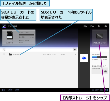 SDメモリーカードの容量が表示された,SDメモリーカード内のファイルが表示された      ,［ファイル転送］が起動した,［内部ストレージ］をタップ