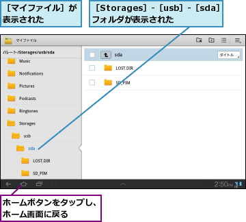 ホームボタンをタップし、ホーム画面に戻る    ,［Storages］‐［usb］‐［sda］フォルダが表示された  ,［マイファイル］が表示された    