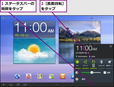 1 ステータスバーの時刻をタップ　　　,2［画面回転］をタップ　　　
