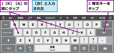 1［K］［A］の順にタップ,2 確定キーをタップ　　　,［か］と入力された　　