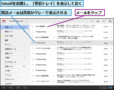 Gmailを起動し、［受信トレイ］を表示しておく,メールをタップ,既読メールは背景がグレーで表示される