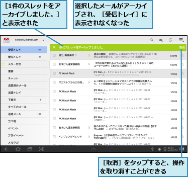 選択したメールがアーカイブされ、［受信トレイ］に表示されなくなった,［1件のスレッドをアーカイブしました。］と表示された　　,［取消］をタップすると、操作を取り消すことができる　　