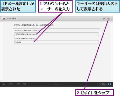 1 アカウント名とユーザー名を入力,2［完了］をタップ,ユーザー名は差出人名として表示される    ,［Eメール設定］が表示された    