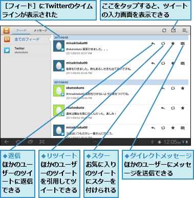 ここをタップすると、ツイートの入力画面を表示できる　　,［フィード］にTwitterのタイムラインが表示された　　