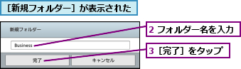2 フォルダー名を入力,3［完了］をタップ,［新規フォルダー］が表示された