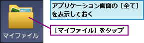 アプリケーション画面の［全て］を表示しておく　　　　　　　　,［マイファイル］をタップ