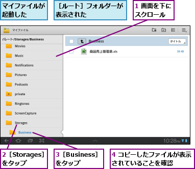 1 画面を下にスクロール　　,2［Storages］をタップ,3［Business］をタップ,4 コピーしたファイルが表示されていることを確認　　　,マイファイルが起動した　　,［ルート］フォルダーが表示された　　　　　
