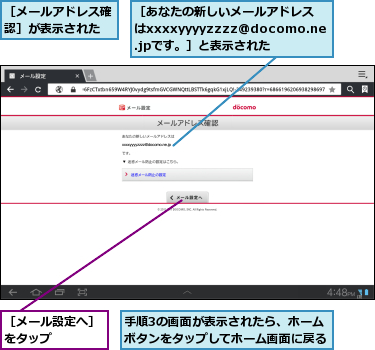 手順3の画面が表示されたら、ホームボタンをタップしてホーム画面に戻る,［あなたの新しいメールアドレスはxxxxyyyyzzzz@docomo.ne.jpです。］と表示された,［メールアドレス確認］が表示された,［メール設定へ］をタップ    