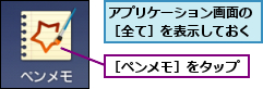 アプリケーション画面の［全て］を表示しておく,［ペンメモ］をタップ