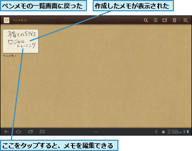 ここをタップすると、メモを編集できる,ペンメモの一覧画面に戻った,作成したメモが表示された