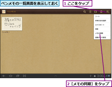 1 ここをタップ,2［メモの同期］をタップ,ペンメモの一覧画面を表示しておく