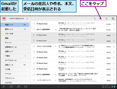 Gmailが起動した,ここをタップ,メールの差出人や件名、本文、受信日時が表示される　　　