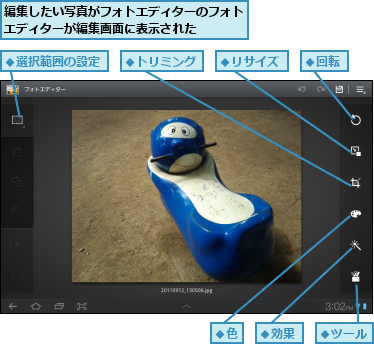 編集したい写真がフォトエディターのフォトエディターが編集画面に表示された　　　