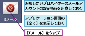 アプリケーション画面の［全て］を表示しておく,追加したいプロバイダーのメールアカウントの設定情報を用意しておく,［Eメール］をタップ