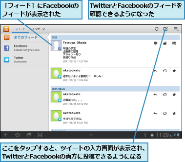 TwitterとFacebookのフィードを確認できるようになった,ここをタップすると、ツイートの入力画面が表示され、TwitterとFacebookの両方に投稿できるようになる,［フィード］にFacebookのフィードが表示された
