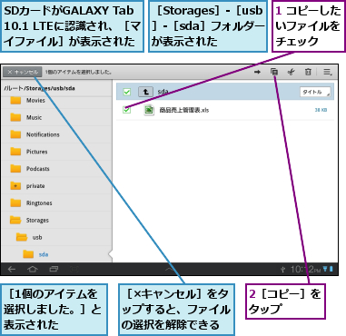 1 コピーしたいファイルを　チェック,2［コピー］をタップ　　　,SDカードがGALAXY Tab 10.1 LTEに認識され、［マイファイル］が表示された,［1個のアイテムを選択しました。］と表示された,［Storages］‐［usb］‐［sda］フォルダーが表示された,［×キャンセル］をタップすると、ファイルの選択を解除できる