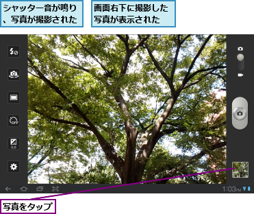 シャッター音が鳴り、写真が撮影された,写真をタップ,画面右下に撮影した写真が表示された
