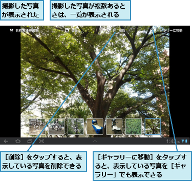 撮影した写真が表示された,撮影した写真が複数あるときは、一覧が表示される,［ギャラリーに移動］をタップすると、表示している写真を［ギャラリー］でも表示できる,［削除］をタップすると、表示している写真を削除できる