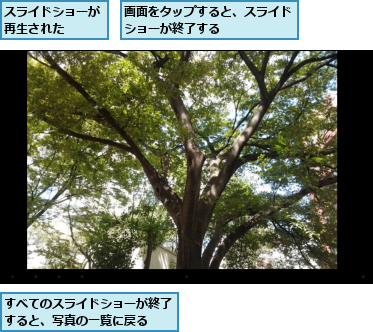 すべてのスライドショーが終了すると、写真の一覧に戻る  ,スライドショーが再生された  ,画面をタップすると、スライドショーが終了する      
