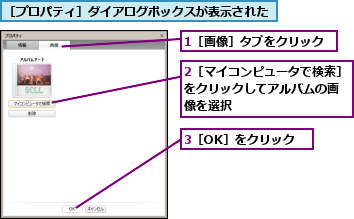 1［画像］タブをクリック,2［マイコンピュータで検索］をクリックしてアルバムの画 像を選択,3［OK］をクリック,［プロパティ］ダイアログボックスが表示された