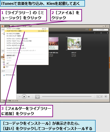 1［ライブラリー］の［ミュージック］をクリック,2［ファイル］をクリック    ,3［フォルダーをライブラリーに追加］をクリック    ,iTunesで音楽を取り込み、Kiesを起動しておく,［コーデックをインストール］が表示されたら、　　　　　　　［はい］をクリックしてコーデックをインストールする    