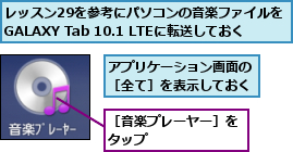 アプリケーション画面の［全て］を表示しておく,レッスン29を参考にパソコンの音楽ファイルをGALAXY Tab 10.1 LTEに転送しておく,［音楽プレーヤー］をタップ      