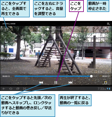 ここをタップ,ここをタップすると、全画面で再生できる,ここをタップすると先頭／次の動画へスキップし、ロングタッチすると動画の巻き戻し／早送りができる,ここを左右にドラッグすると、音量を調整できる,再生が終了すると、動画の一覧に戻る,動画が一時停止された